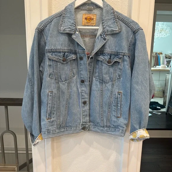 Vintage Hard Rock Cafe Dallas Denim Jacket Size 12 | 90s Embroidered Jean Jacket - Picture 2 of 4